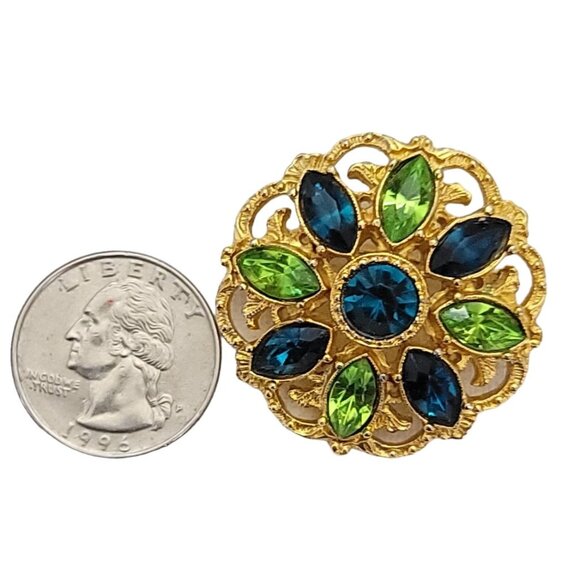 1928 Brand Green, Blue Resin Rhinestone Gold Tone Round Filigree Brooch L24 - Picture 7 of 9
